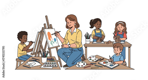 Female art teacher guiding a diverse group of young children during a creative painting class.