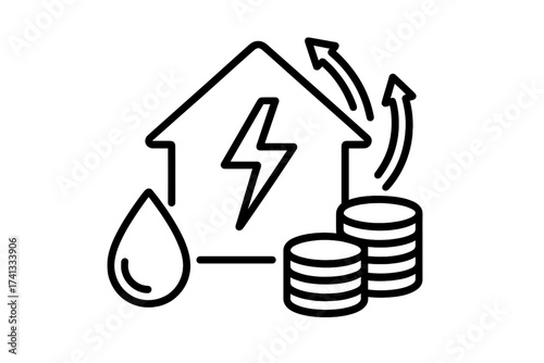 House payment for electricity cost icon with water drop, arrows showing rising bills, coins stack, energy bill concept, utility expenses, power consumption vector illustration