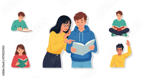 Students Reading and Studying Together with Diverse Poses and Expressions.