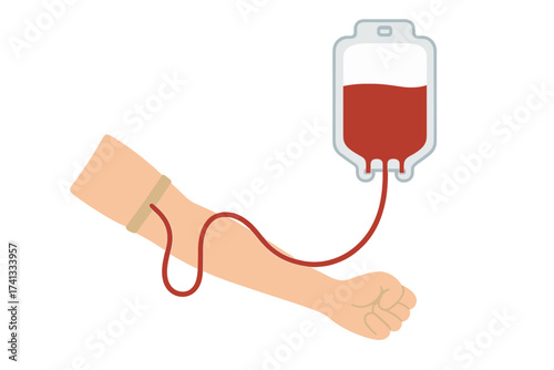 World Blood Donor Day 14th June, Blood Donation Concept, Arm Donating Blood to Transfusion Bag, Medical Vector Illustration with Transparent Background, Health Care Awareness