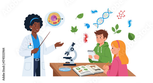Teacher Explaining Biology to Students with Microscope and Diagrams.