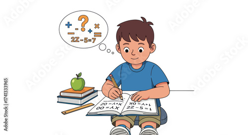 Boy Solving Math Problems with Thought Bubble and Apple.