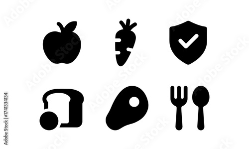 Minimalist food icons: apple, carrot, shield, bread, meat, cutlery silhouettes