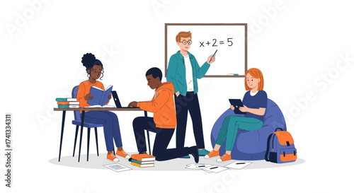 Diverse Students Learning with Teacher in Modern Classroom Setting.