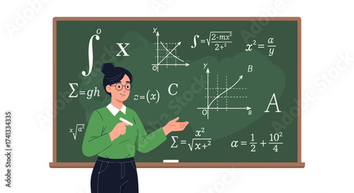 Female math teacher in a green sweater explaining complex equations on a chalkboard.