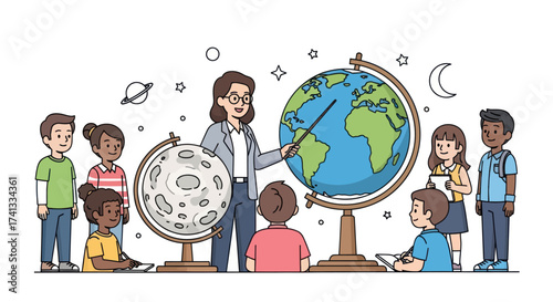 Teacher Explaining Geography to Students with Globe and Moon Model in Classroom.