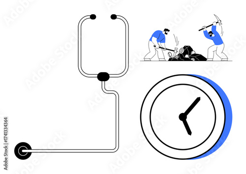 Two people fixing a damaged object with tools, a coiled cable, and a modern clock. Ideal for teamwork, conflict resolution, repair, problem solving, collaboration, time management simple flat