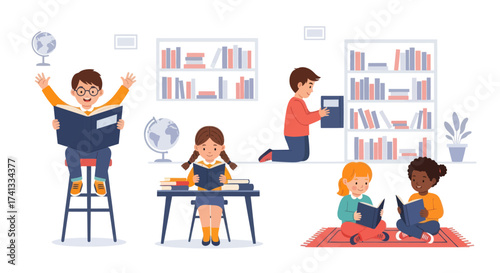 Children Reading Books in a Library Setting Diverse Group of Students.