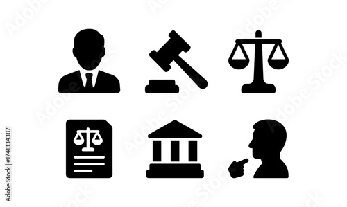 Legal icons set: silhouette style with justice symbols and court themes