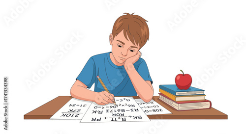 Young Boy Studying at Desk Tired While Doing Homework.