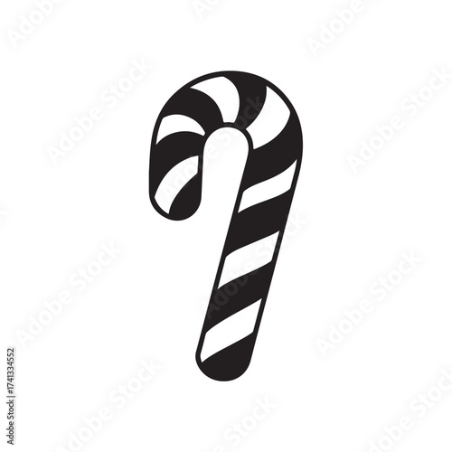 Candy cane silhouette, festive holiday vector, Christmas candy cane silhouette vector Illustration on white background, Black and white candy cane silhouette