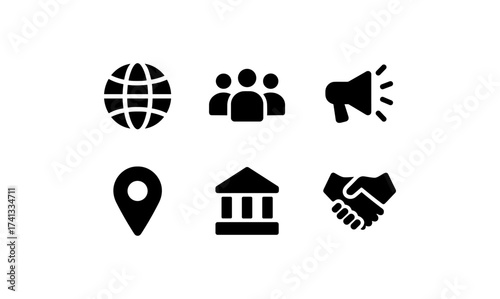 Simple business icons: global, team, communication, location, institution, collaboration