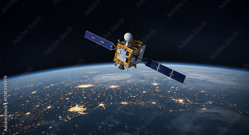 Obraz premium Satellite orbiting Earth, showcasing solar panels, antennas, and intricate structural components, capturing a night view.