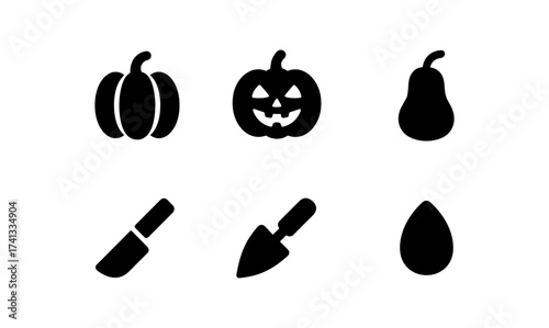 Halloween and autumn silhouettes: pumpkins, tools, and seasonal icons in black
