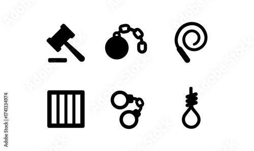 Legal and punishment icons set: gavel, ball and chain, whip, bars, handcuffs, noose