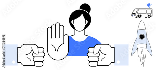 Woman with raised hand halting two opposing fists, nearby rocket, and wireless-equipped bus. Ideal for conflict resolution, innovation, teamwork, boundaries, communication, leadership progress
