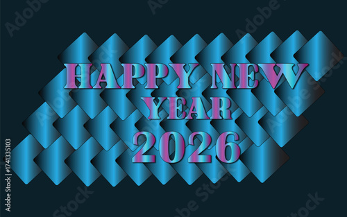 Happy New Year 2026 modern blue geometric background design, Futuristic Happy New Year 2026 greeting with glowing pink text, Abstract Happy New Year 2026 background with blue pattern