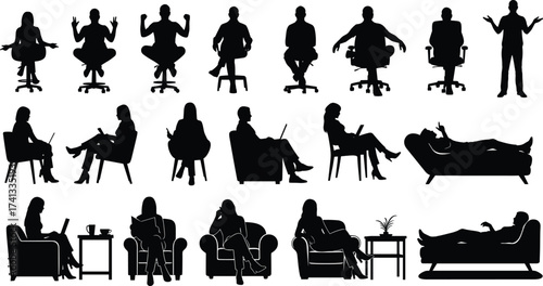 Therapy silhouette, counseling session, mental health support, psychologist office, emotional care, client interaction, psychotherapy icon, wellness illustration, vector art, black figures