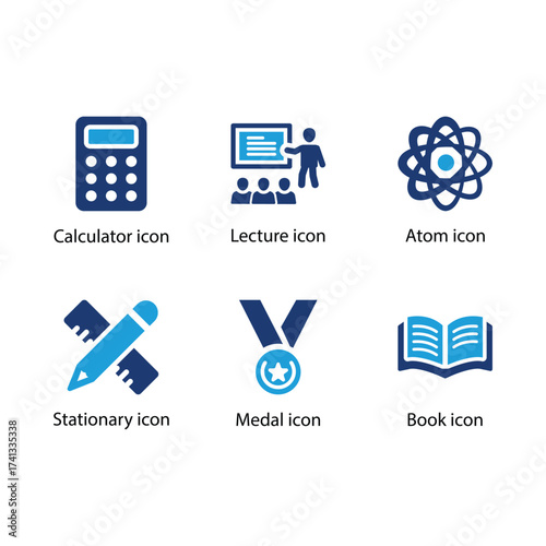 Calculator, Lecture, Atom, Stationary, Medal, Book, Blue Icon Set