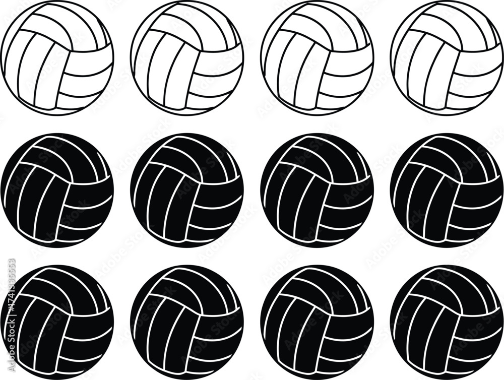 Obraz premium Collection of black and white volleyballs arranged in rows