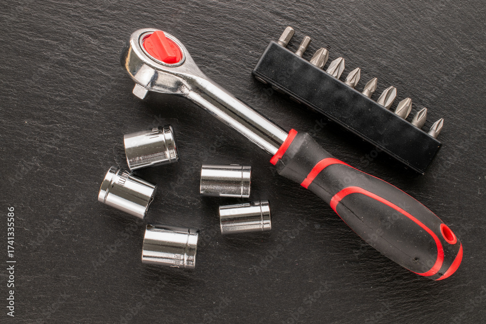 Fototapeta premium Set of socket wrenches, top view, macro.