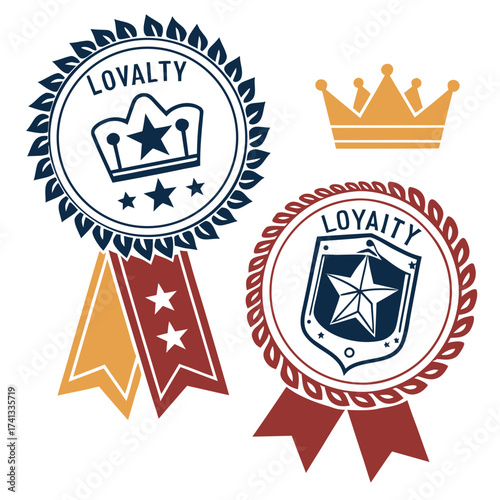 Loyalty program badges and crown, vector design