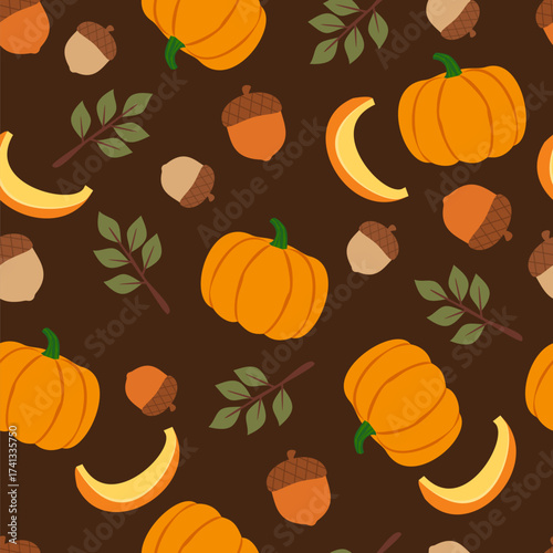 Pumpkin and acorn seamless pattern. Can be used for wallpaper, paper wrapping and fashion fabric. Fall season theme. Autumn decoration