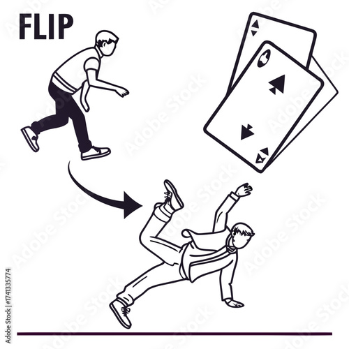 A person flipping over after being tripped by playing cards