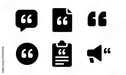 Black quote icons set: speech bubble, document, clipboard, megaphone