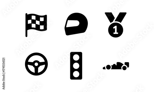 Minimalist racing icons set: helmet, car, flag, steering wheel, medal, traffic light