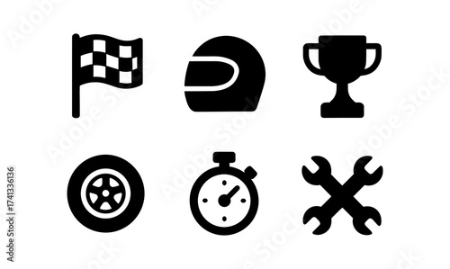 Racing icons: helmet, flag, trophy, tire, stopwatch, wrench