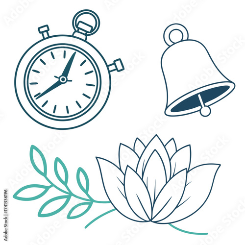 Meditation and mindfulness symbols with clock