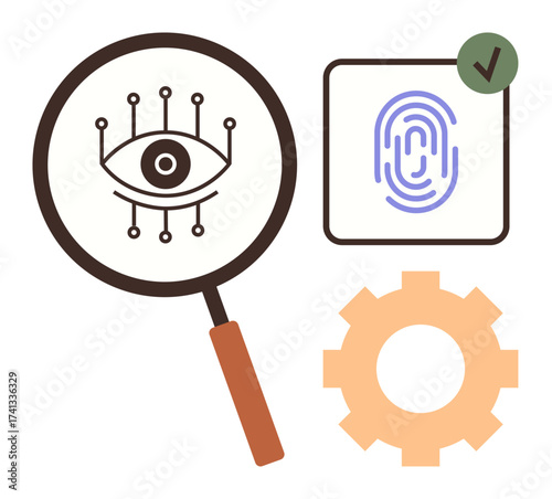Eye scan with circuit magnified, fingerprint with approval checkmark, orange gear. Ideal for technology, security, identity verification, innovation, AI digital access system engineering. Flat