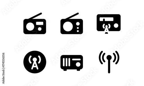 Classic radio and signal icons set in minimalist silhouette style