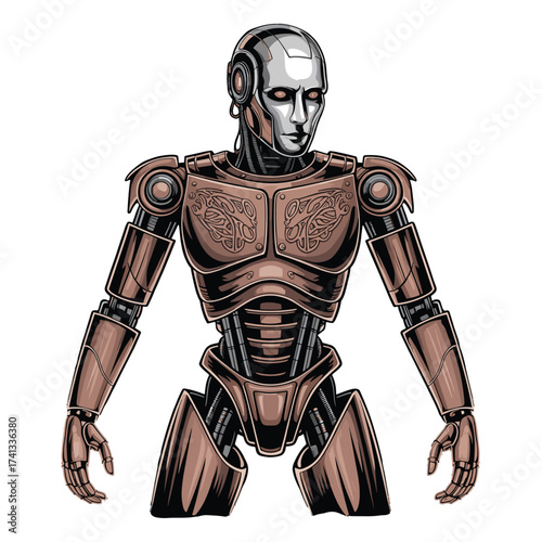Bust of advanced humanoid robot, T-shirt Design, detailed face, ornate chest armor, futuristic, cybernetic, intelligent machine, technology.