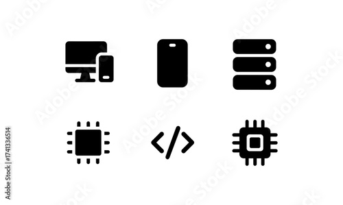 Minimalist technology icons set featuring computer, smartphone, server, and microchip symbols