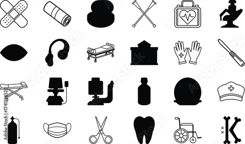 Bandage, Wheelchair, Mask, Bed, Syringe, Scissors, Microscope, Gloves, Nurse Cap, Tooth, Stethoscope, Scalpel, Oxygen Cylinder, Medical Tools, and Healthcare Symbols Vector Illustration on White Backg