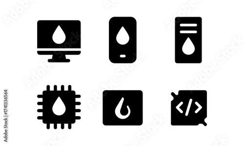 Water drop icons: technology and interface symbols in black silhouette design