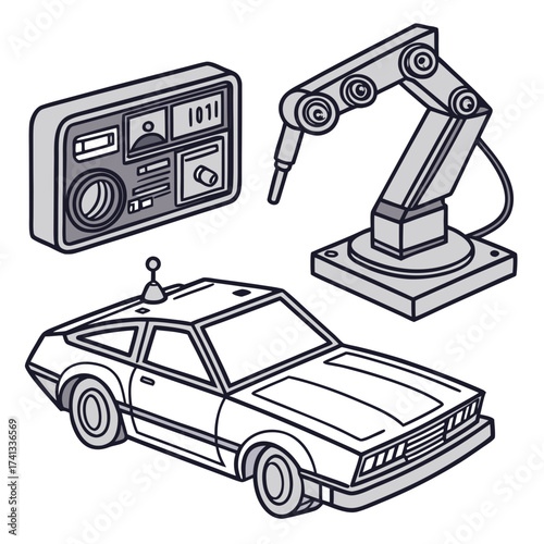 Isometric view of a selfdriving car, radio, and robotic arm