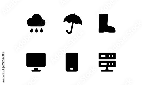 Minimalist weather and technology icons set in silhouette style