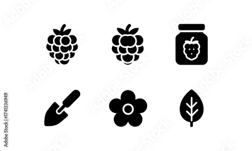 Garden elements: berry, jam, and nature icons in black silhouette style