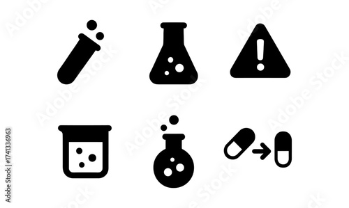 Modern science icons: test tubes, beakers, flasks, and safety symbols