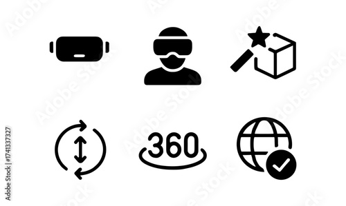 Virtual reality icons: vr headset, augmented reality, 360 view, global connection