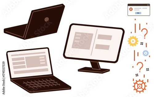 Laptops, monitor, and interface screen with error notification and gears. Ideal for tech issues, problem-solving, IT, software UX, development troubleshooting and digital workflow themes. Simple