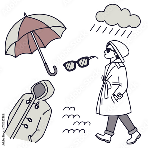 Illustration of a person walking in the rain with an umbrella