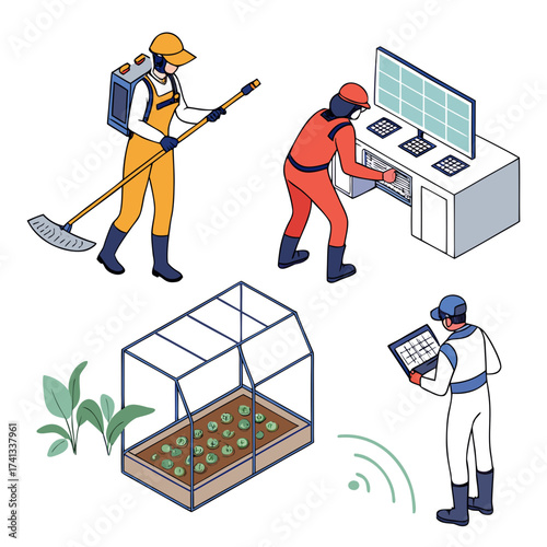 Isometric view of agricultural workers in various tasks