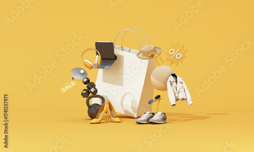 Online shopping concept with floating fashion, tech, and fitness items around a white bag on yellow background. Modern sale promotion and trendy lifestyle scene. 3d render