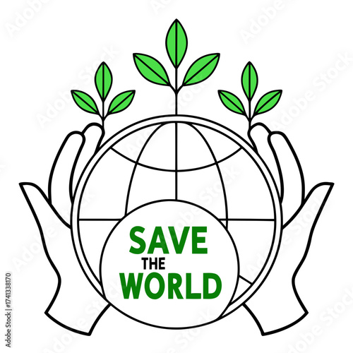 Vector illustration of human hands holding Earth with green plant silhouettes and text 'SAVE THE WORLD' on white background