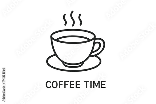 Coffee time icon. Minimalistic thin line art of a hot drink cup. Vector graphic for web, apps, cafe menu, logo. Concept for coffee break, morning beverage, caffeine boost.
