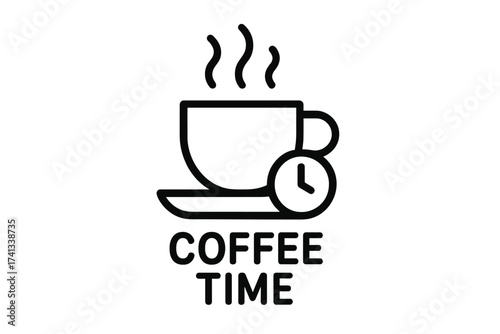 Coffee time vector icon. Linear illustration for a coffee break with a hot drink and clock. Concept for morning routine, office pause, caffeine energy boost, schedule alert.